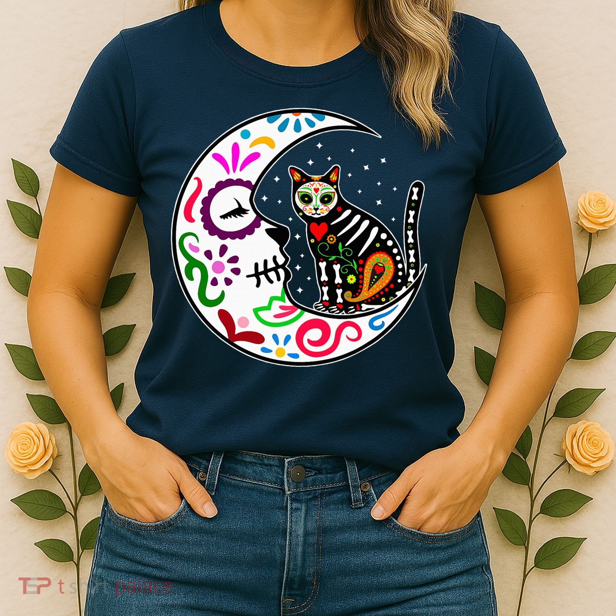Sugar Skull Cat Moon Dia De Los Muertos Mexican Women's T-Shirt