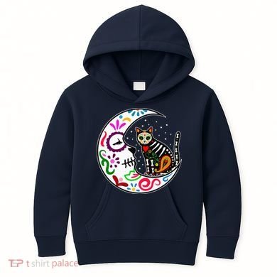 Sugar Skull Cat Moon Dia De Los Muertos Mexican Kids Hoodie