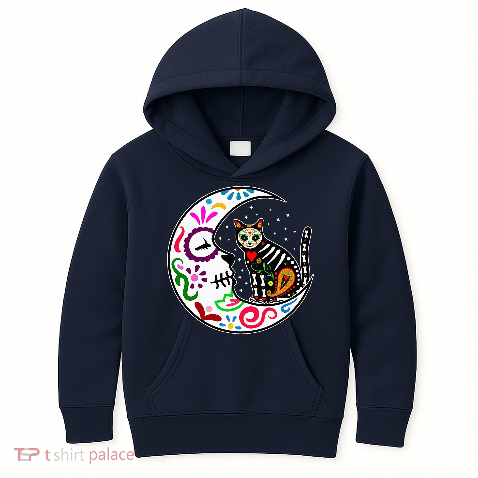 Sugar Skull Cat Moon Dia De Los Muertos Mexican Kids Hoodie