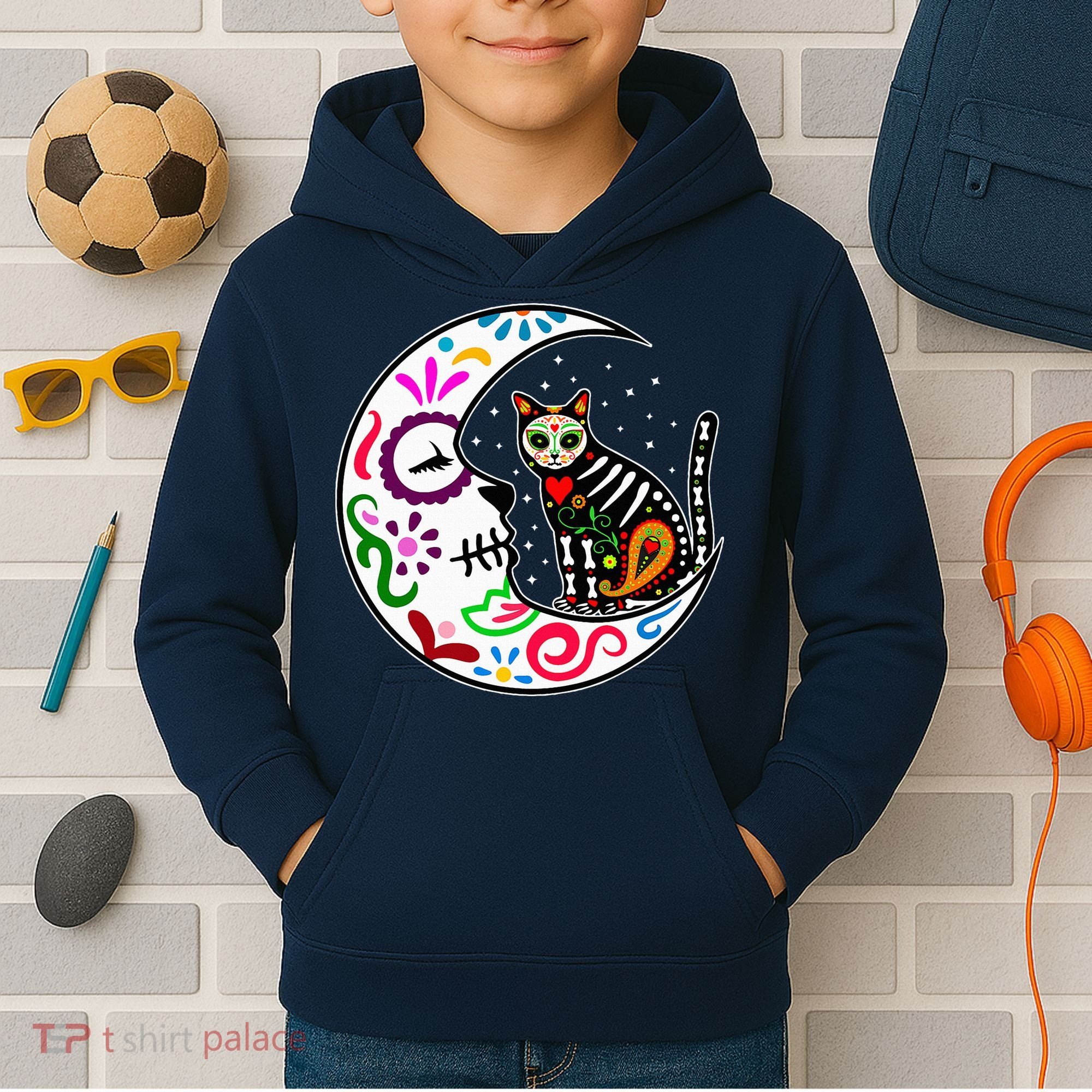 Sugar Skull Cat Moon Dia De Los Muertos Mexican Kids Hoodie