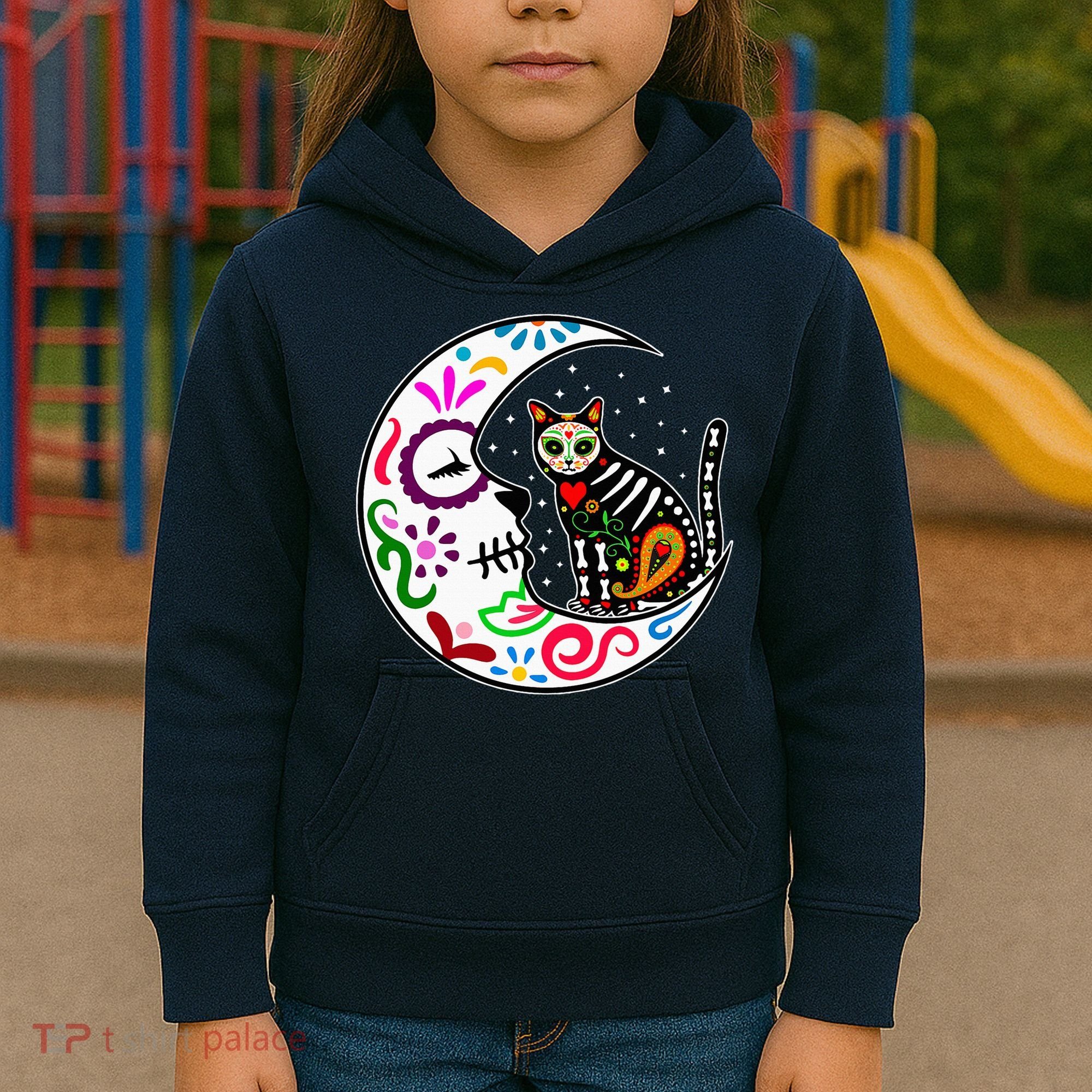 Sugar Skull Cat Moon Dia De Los Muertos Mexican Kids Hoodie