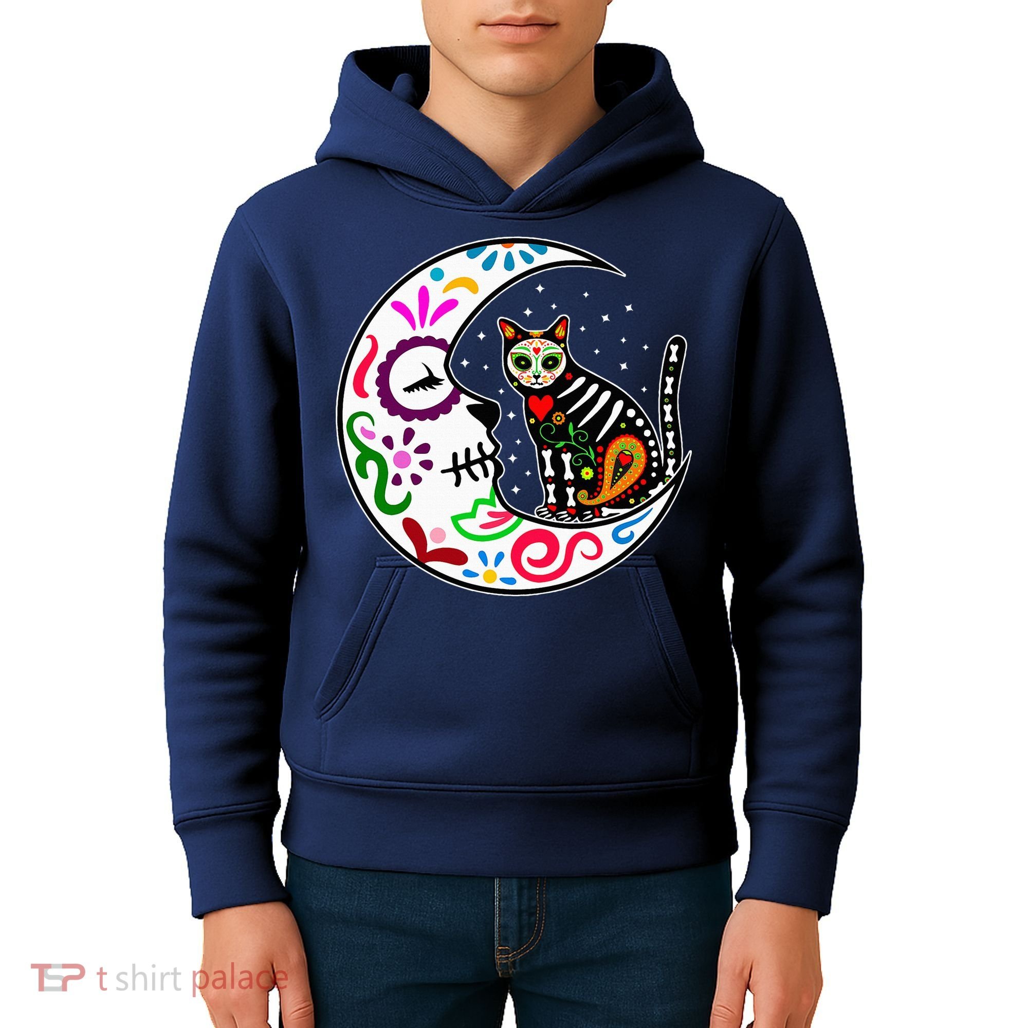 Sugar Skull Cat Moon Dia De Los Muertos Mexican Kids Hoodie