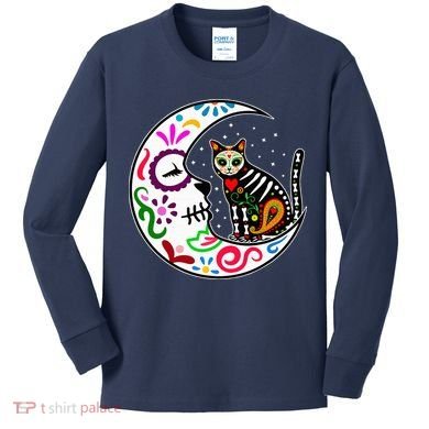 Sugar Skull Cat Moon Dia De Los Muertos Mexican Kids Long Sleeve Shirt