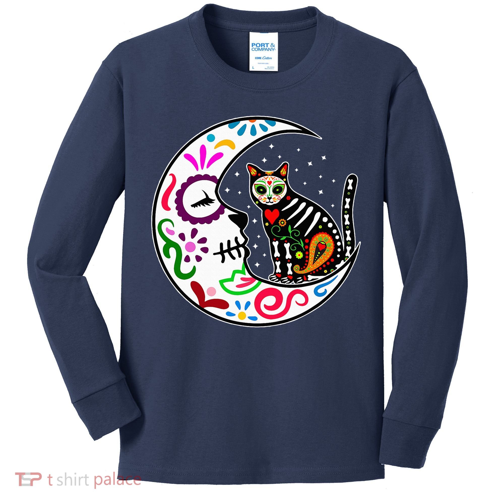 Sugar Skull Cat Moon Dia De Los Muertos Mexican Kids Long Sleeve Shirt