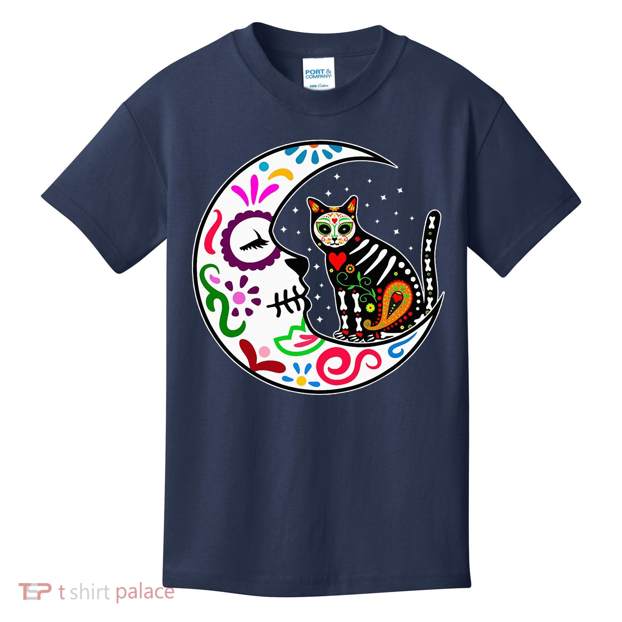 Sugar Skull Cat Moon Dia De Los Muertos Mexican Kids T-Shirt