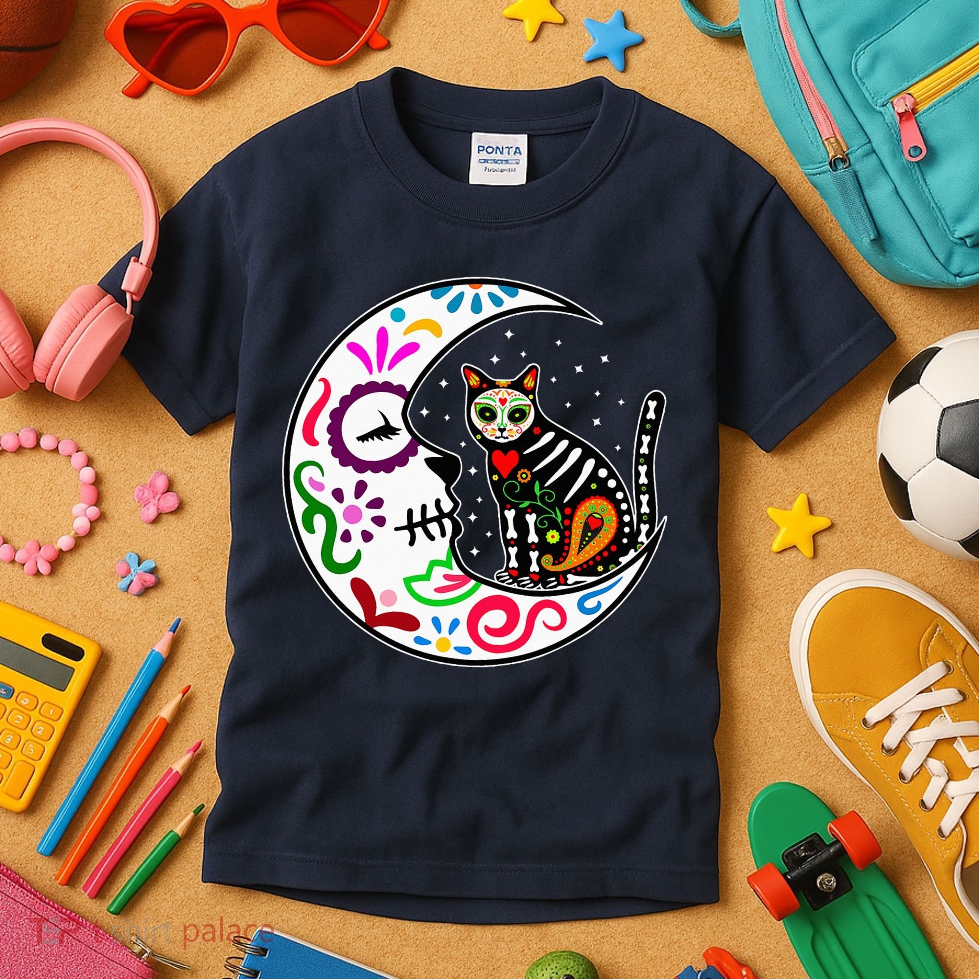 Sugar Skull Cat Moon Dia De Los Muertos Mexican Kids T-Shirt