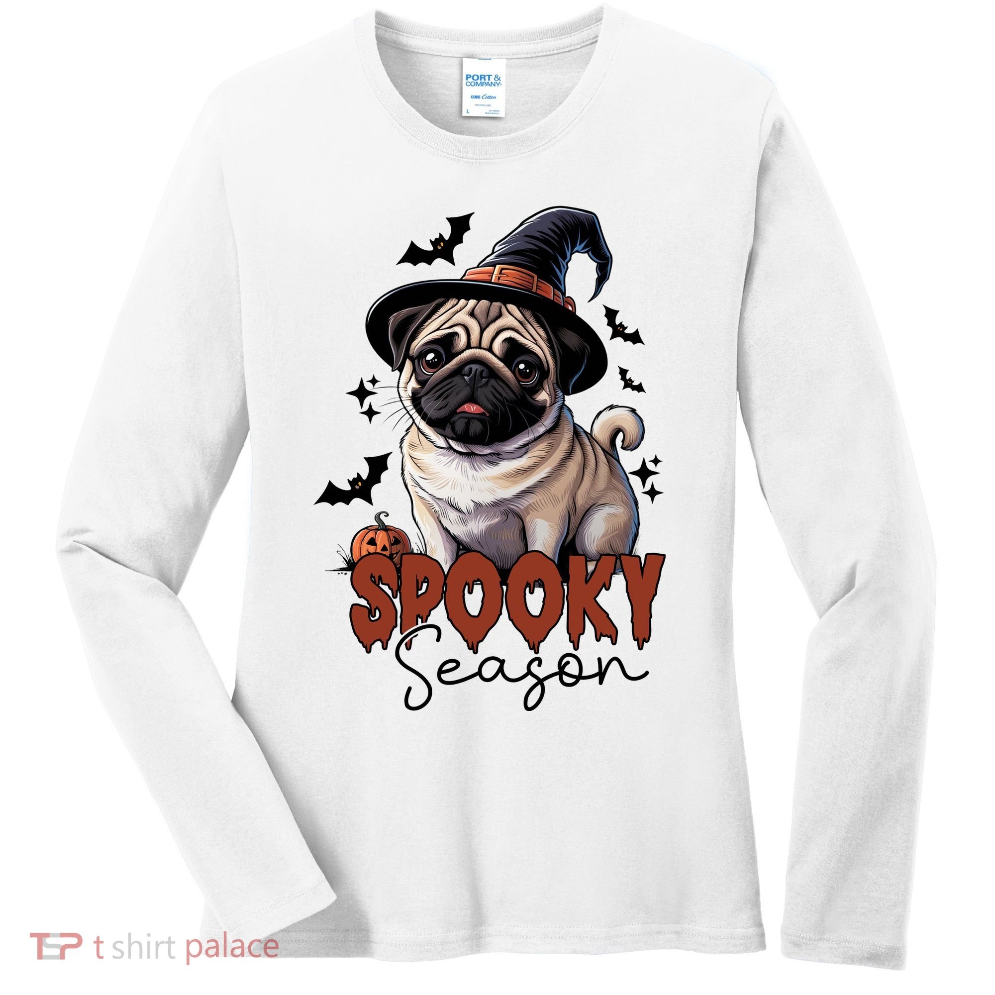 Spooky Season Cute Pug Halloween Graphic Women's Long Sleeve Shirt