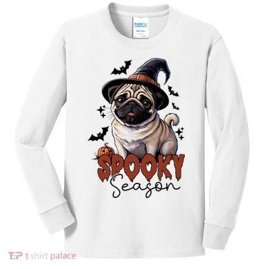 Spooky Season Cute Pug Halloween Graphic Kids Long Sleeve Shirt