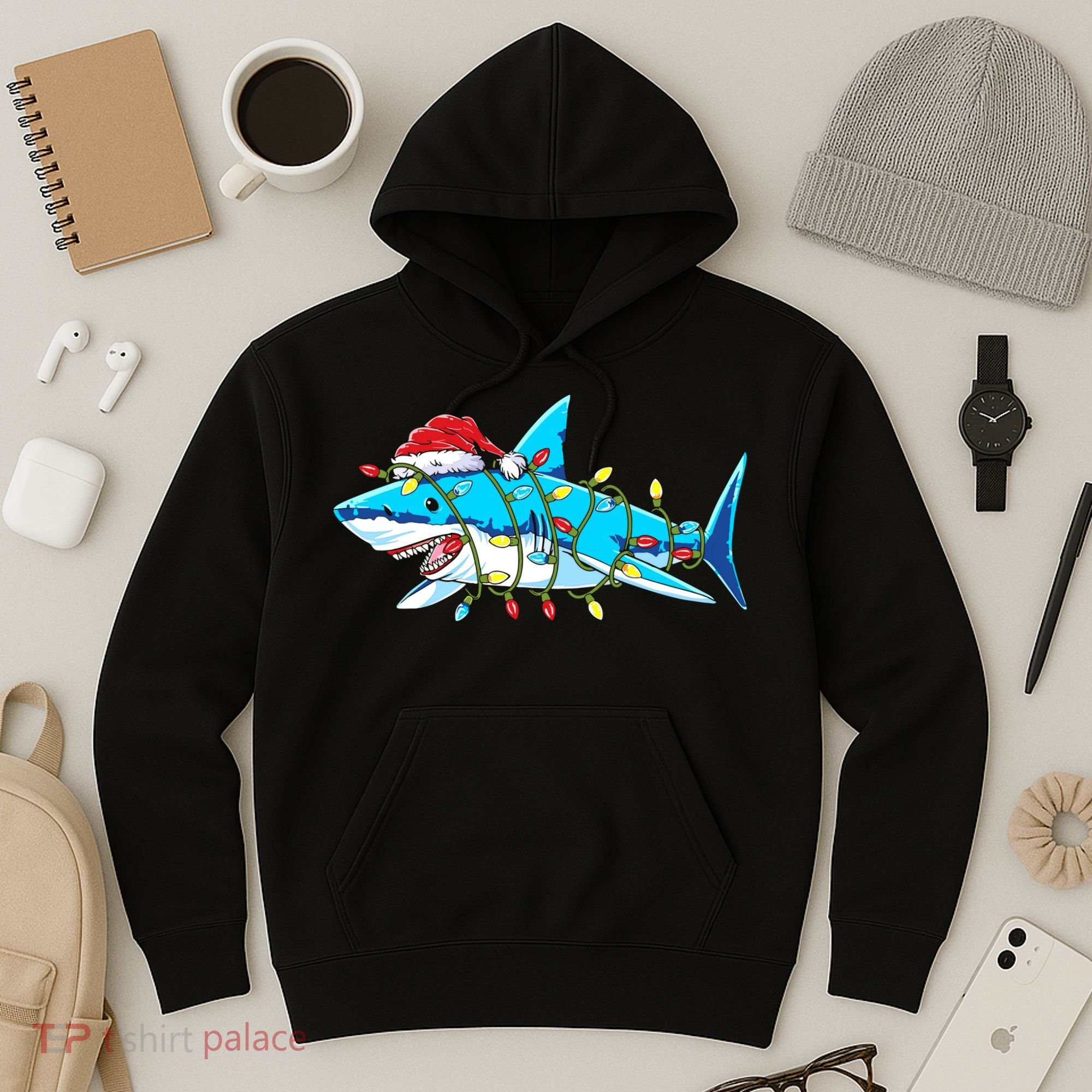 Santa Shark Christmas Lights Sharkmas Hoodie