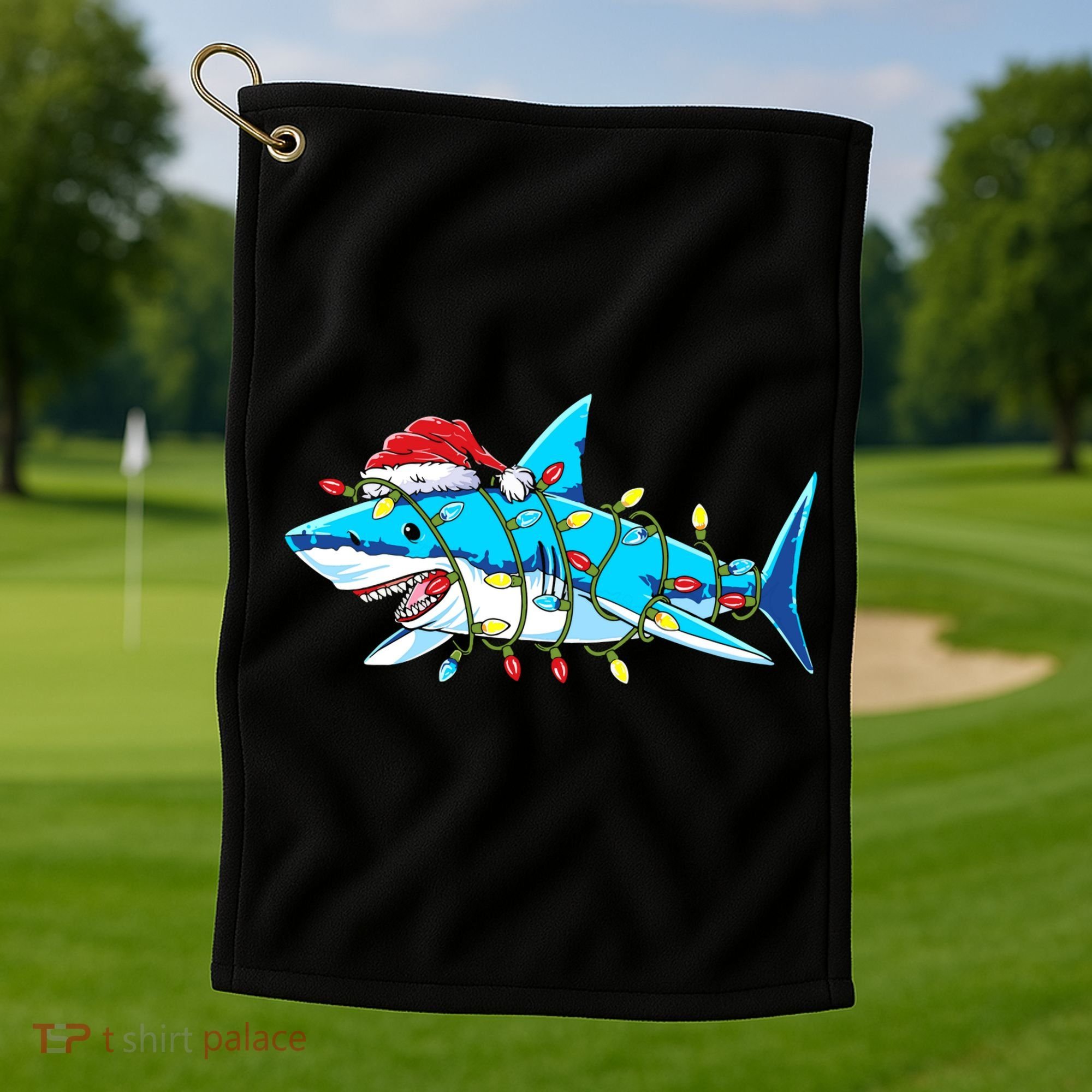 Santa Shark Christmas Lights Sharkmas Golf Towel