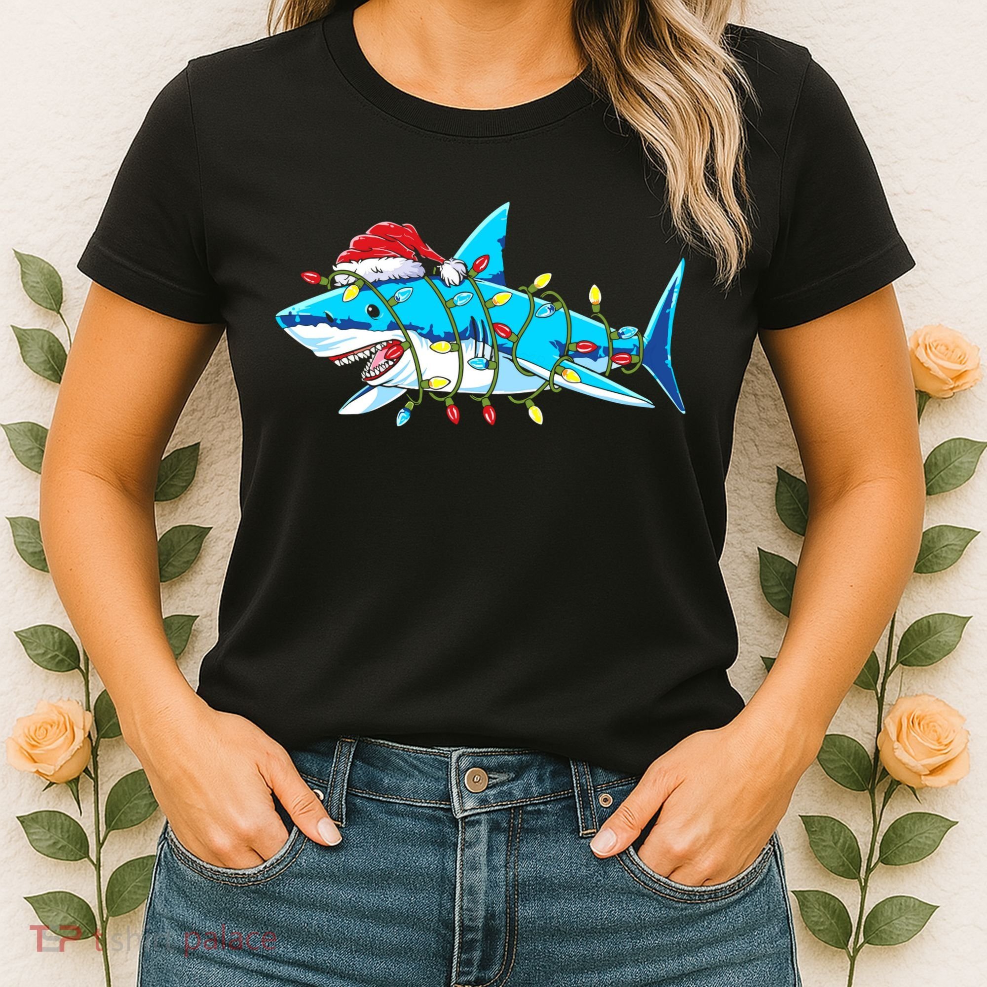 Santa Shark Christmas Lights Sharkmas Women's T-Shirt