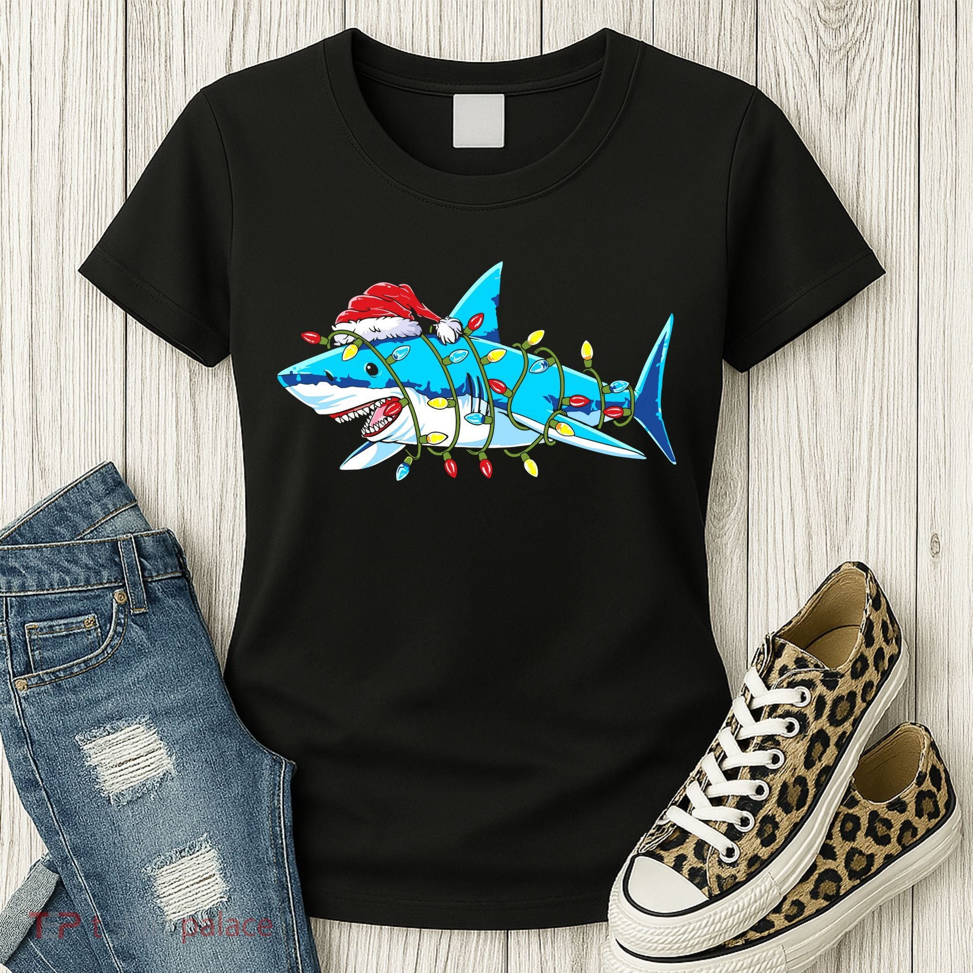 Santa Shark Christmas Lights Sharkmas Women's T-Shirt