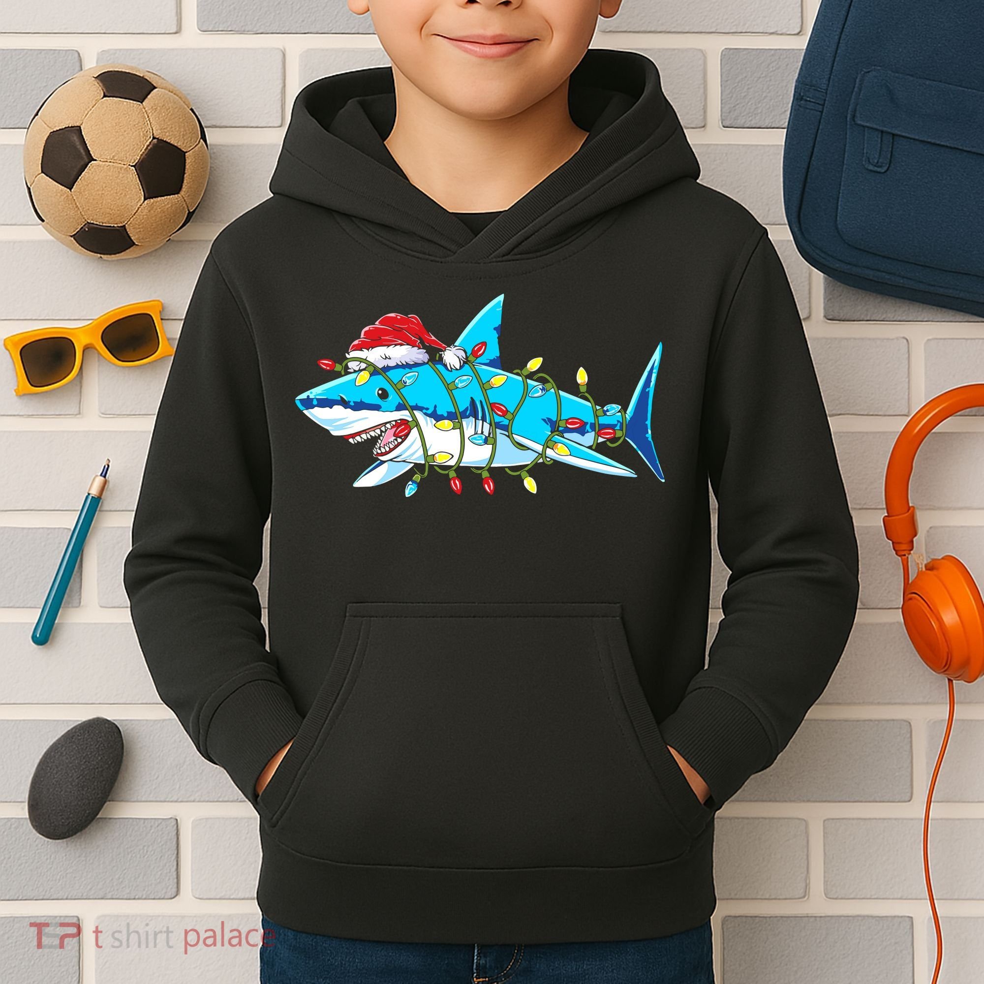 Santa Shark Christmas Lights Sharkmas Kids Hoodie