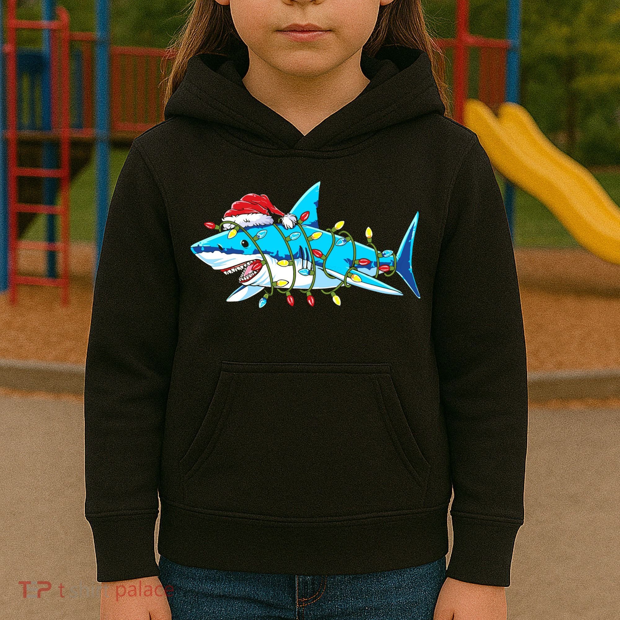 Santa Shark Christmas Lights Sharkmas Kids Hoodie