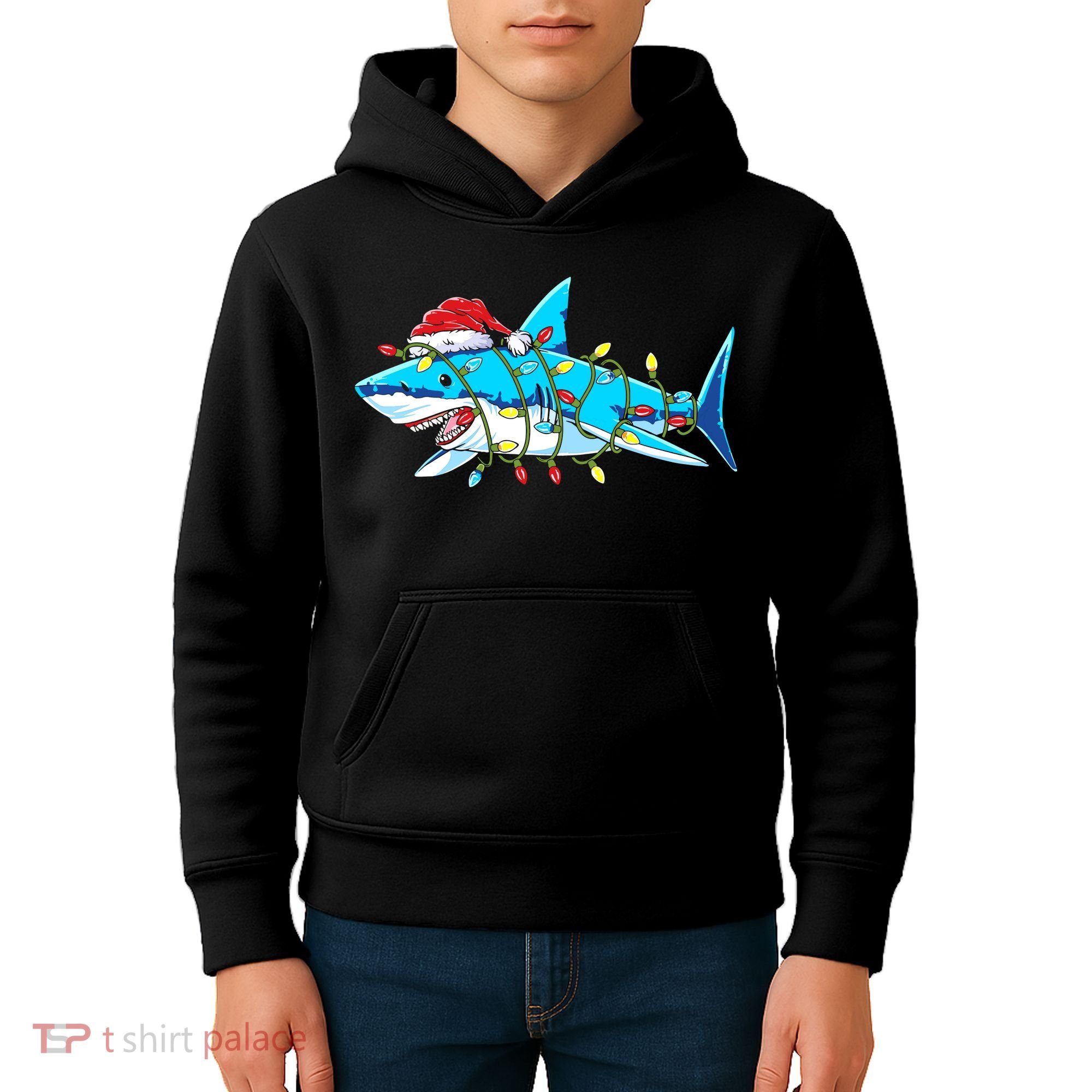 Santa Shark Christmas Lights Sharkmas Kids Hoodie