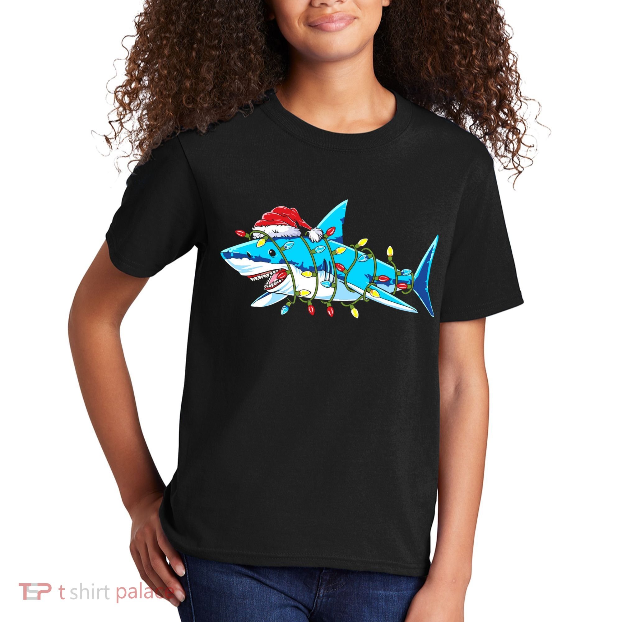 Santa Shark Christmas Lights Sharkmas Kids T-Shirt
