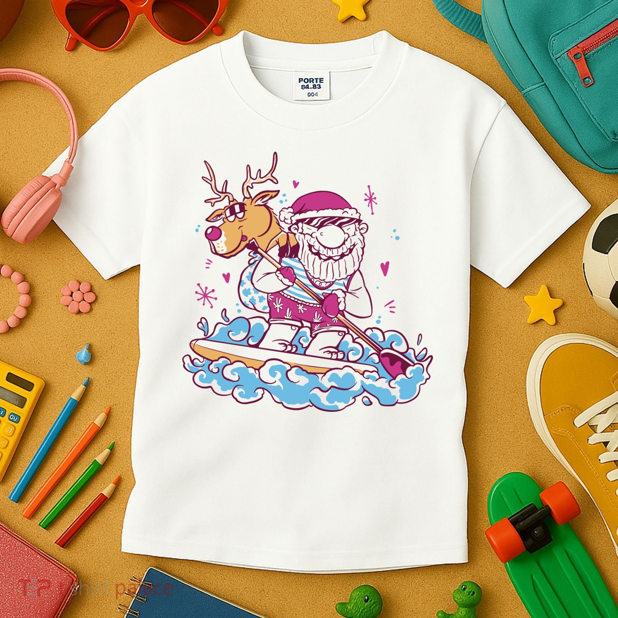 Santa Surfing Christmas Holiday Vacation Kids T-Shirt