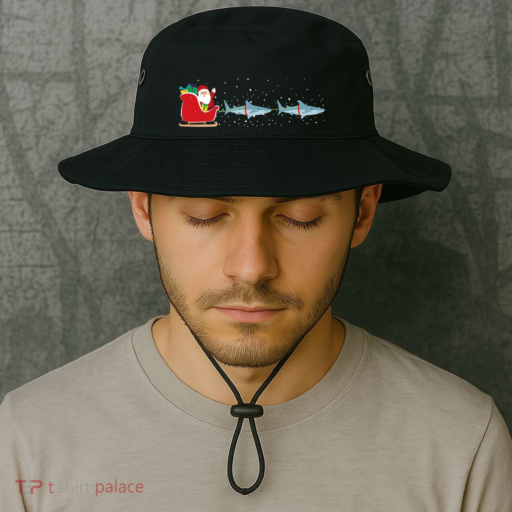 Shark Santa Christmas Sleigh Funny Shark Xmas Gift Bucket Hat