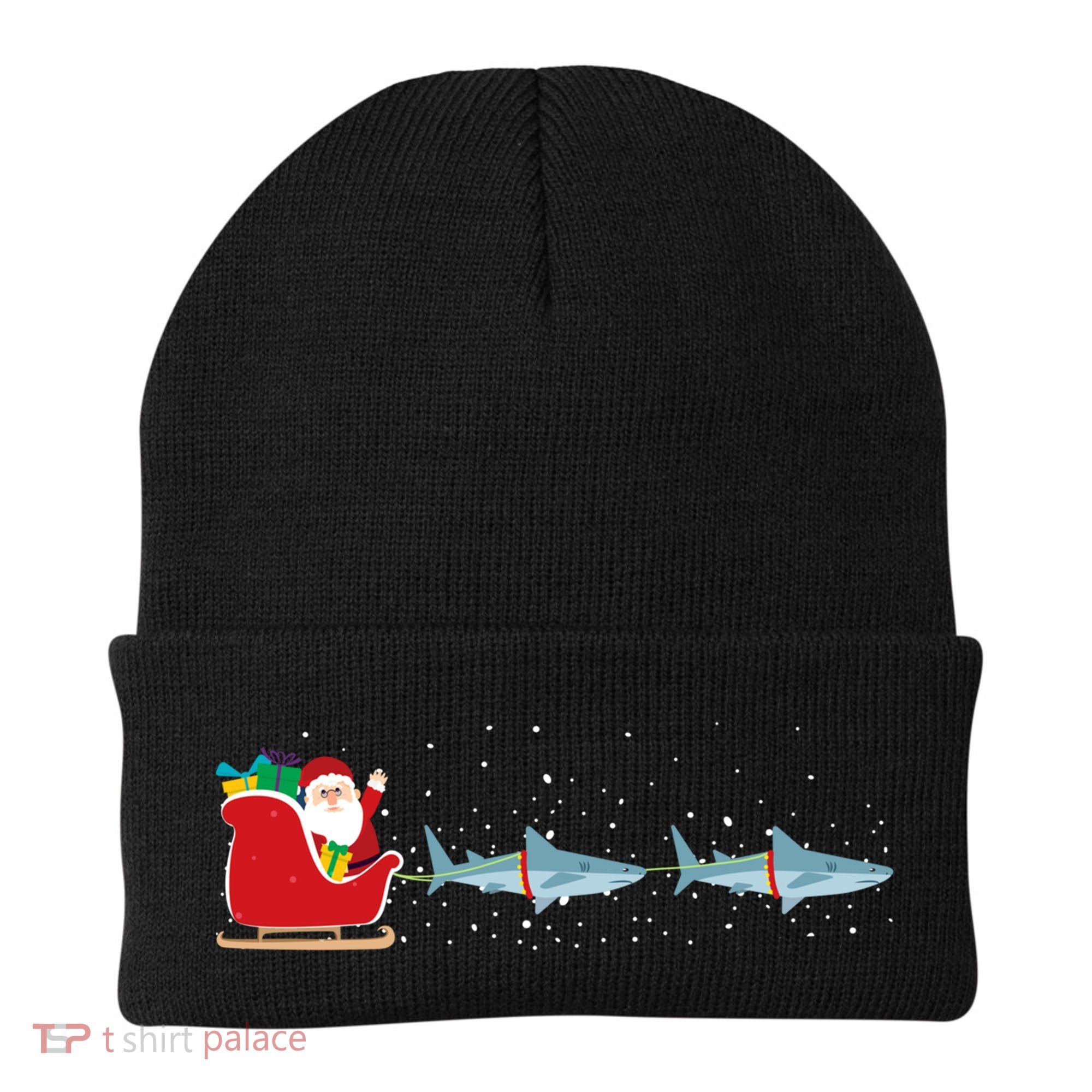 Shark Santa Christmas Sleigh Funny Shark Xmas Gift Beanie