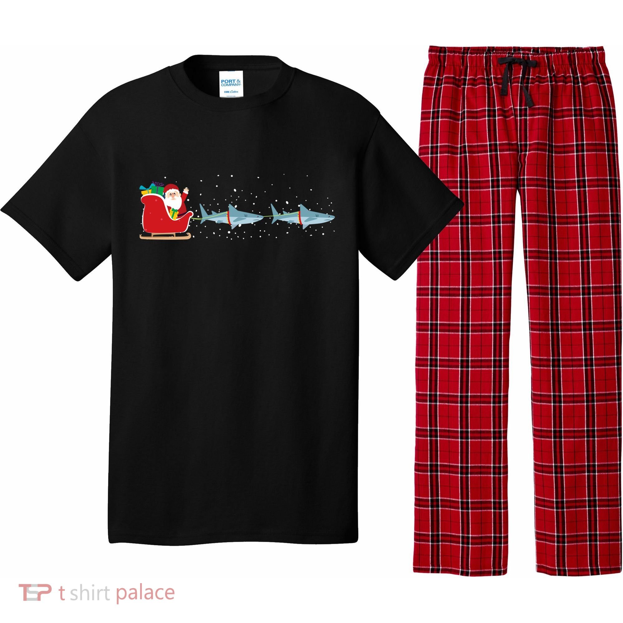 Shark Santa Christmas Sleigh Funny Shark Xmas Gift Pajama Set