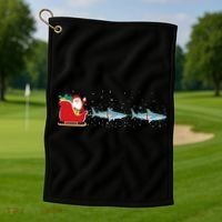 Shark Santa Christmas Sleigh Funny Shark Xmas Gift Golf Towel thumb 1