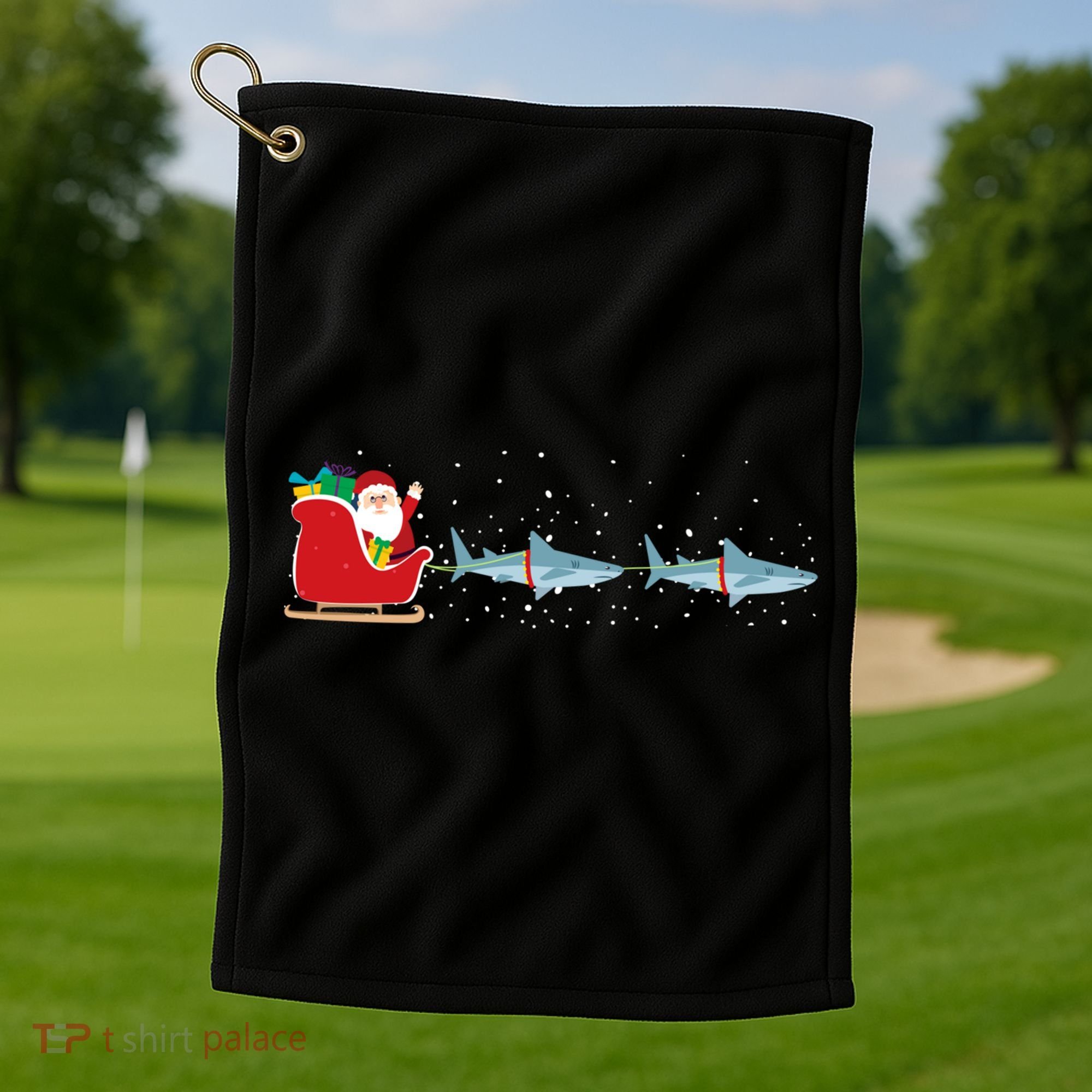 Shark Santa Christmas Sleigh Funny Shark Xmas Gift Golf Towel