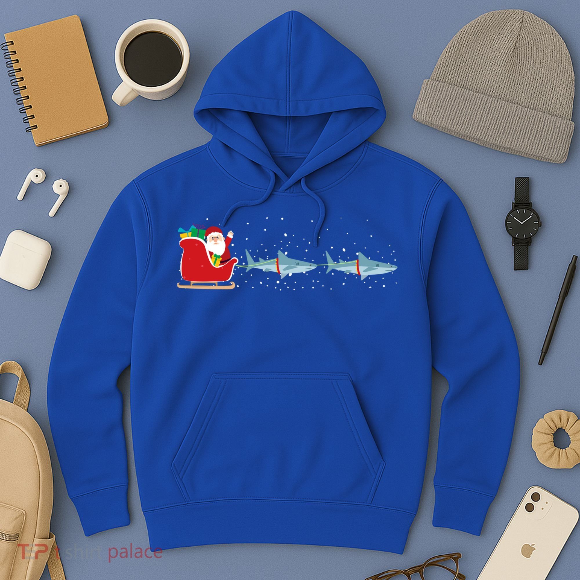 Shark Santa Christmas Sleigh Funny Shark Xmas Gift Hoodie