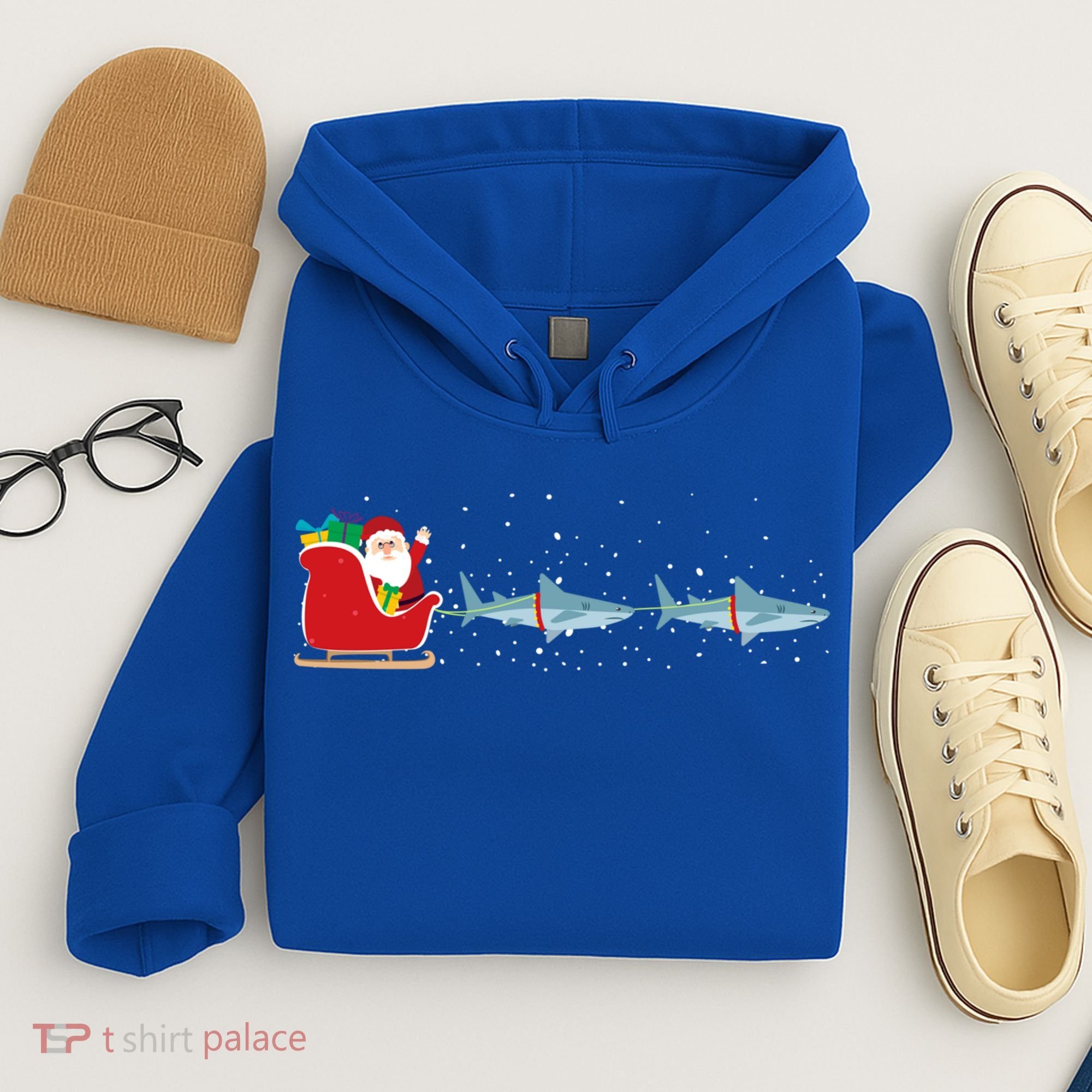 Shark Santa Christmas Sleigh Funny Shark Xmas Gift Hoodie