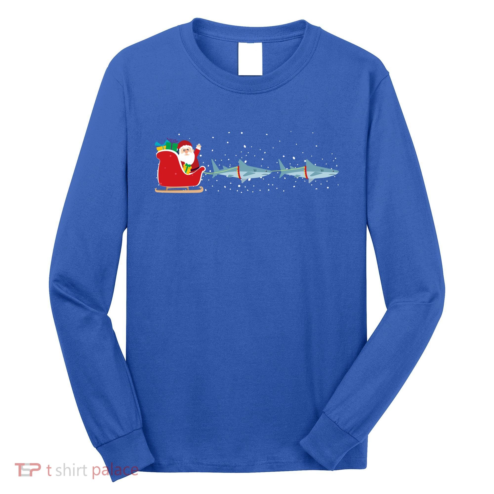 Shark Santa Christmas Sleigh Funny Shark Xmas Gift Long Sleeve Shirt