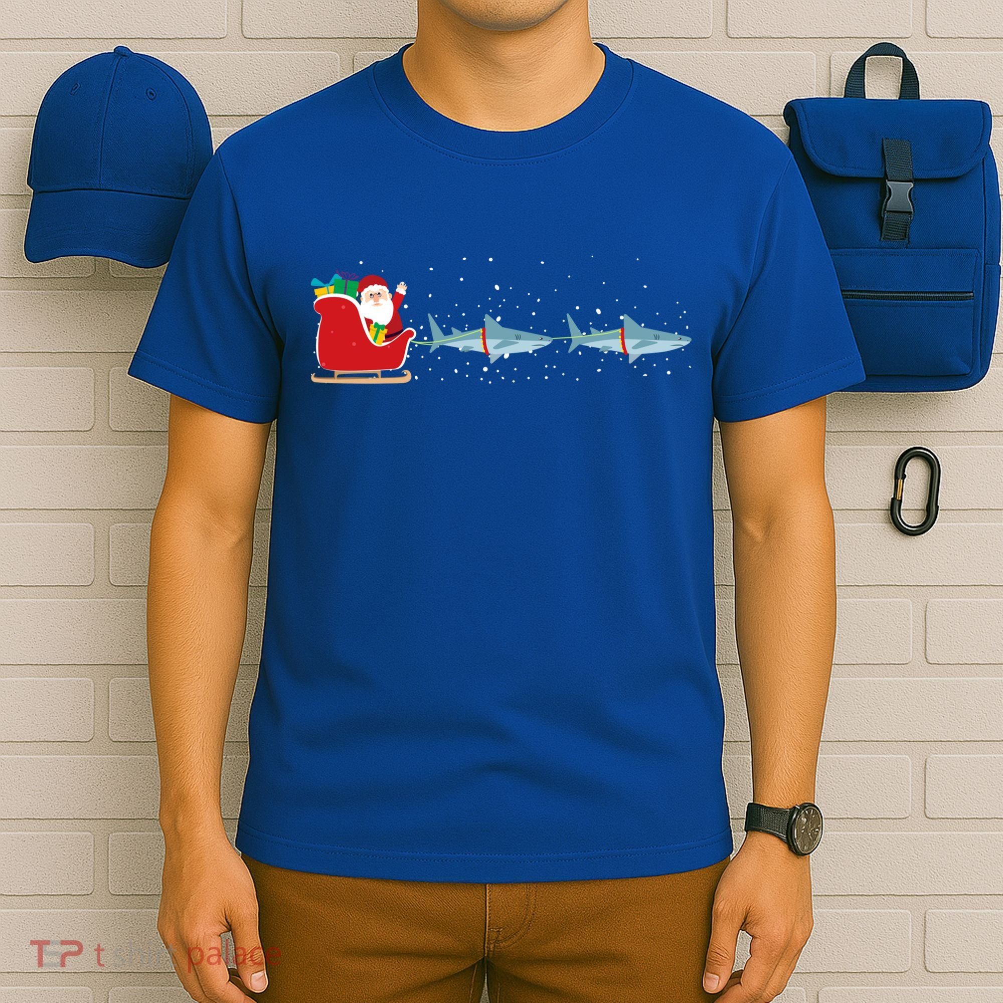 Shark Santa Christmas Sleigh Funny Shark Xmas Gift T-Shirt