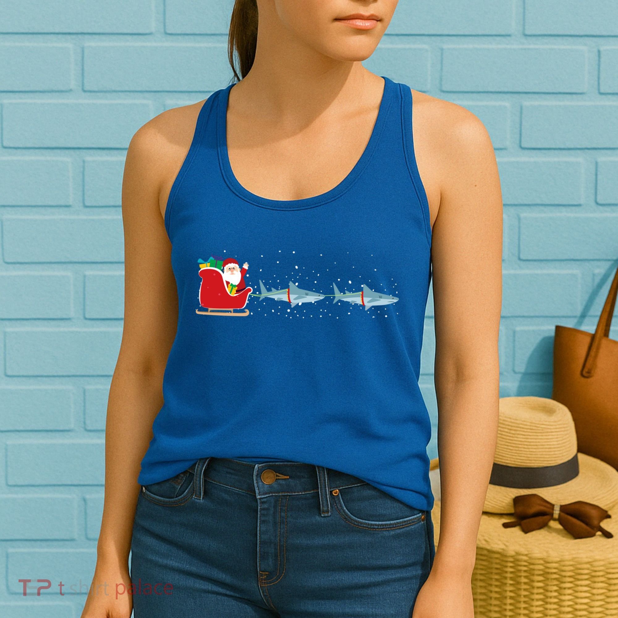 Shark Santa Christmas Sleigh Funny Shark Xmas Gift Women's Tank Top