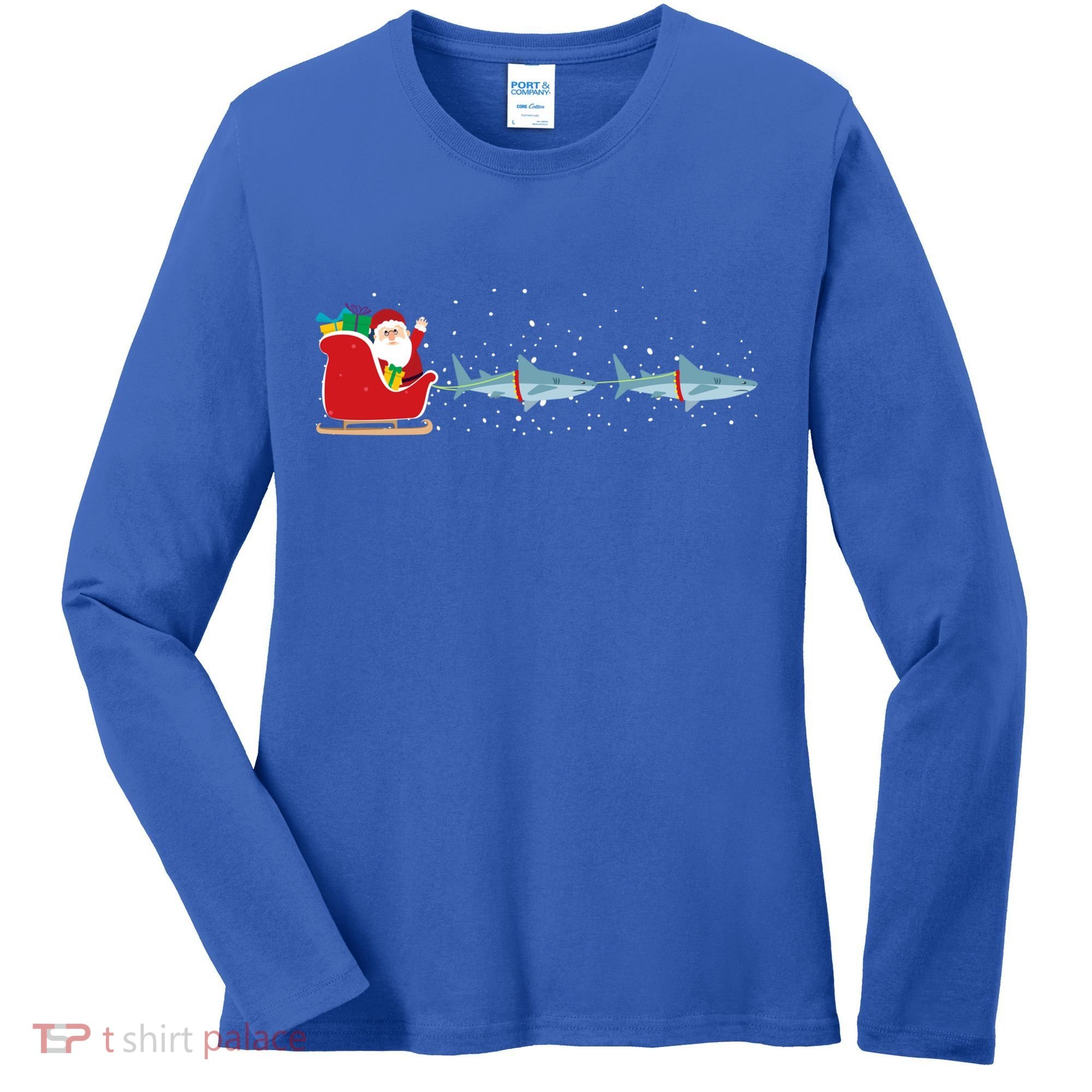 Shark Santa Christmas Sleigh Funny Shark Xmas Gift Women's Long Sleeve Shirt
