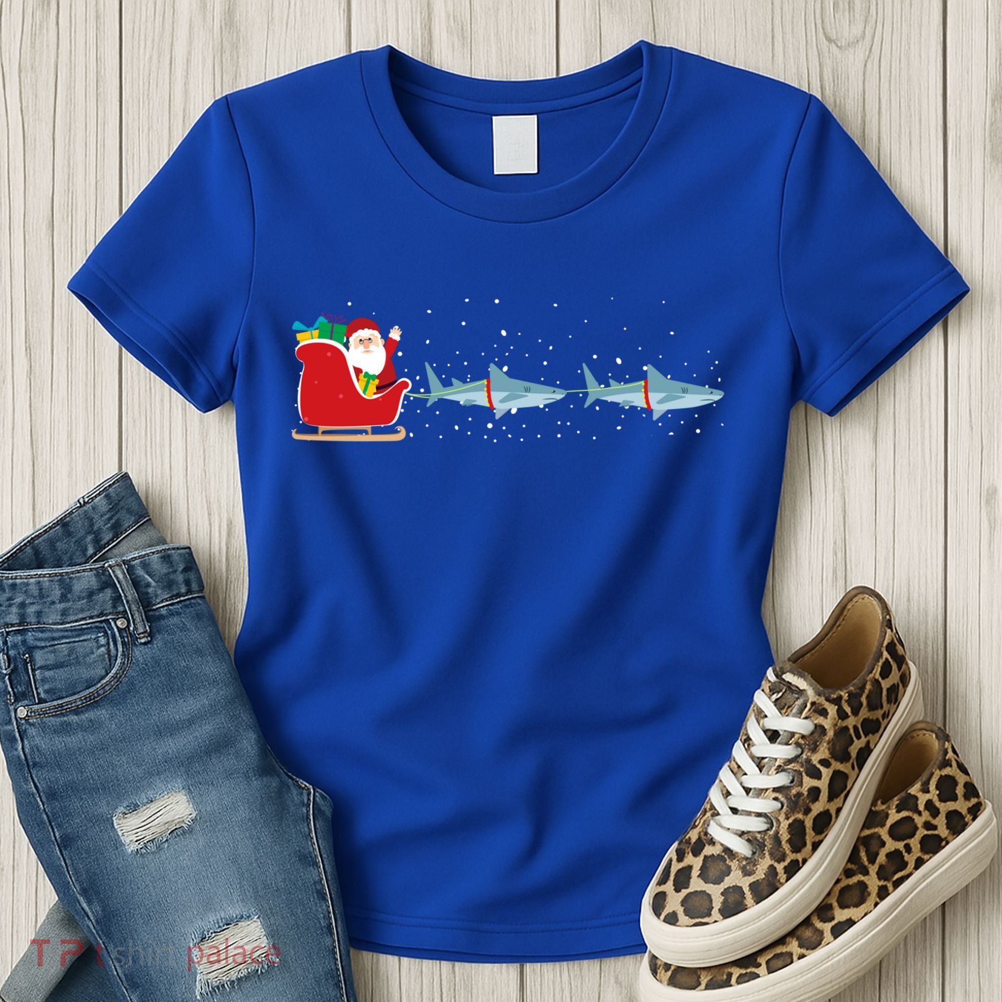 Shark Santa Christmas Sleigh Funny Shark Xmas Gift Women's T-Shirt