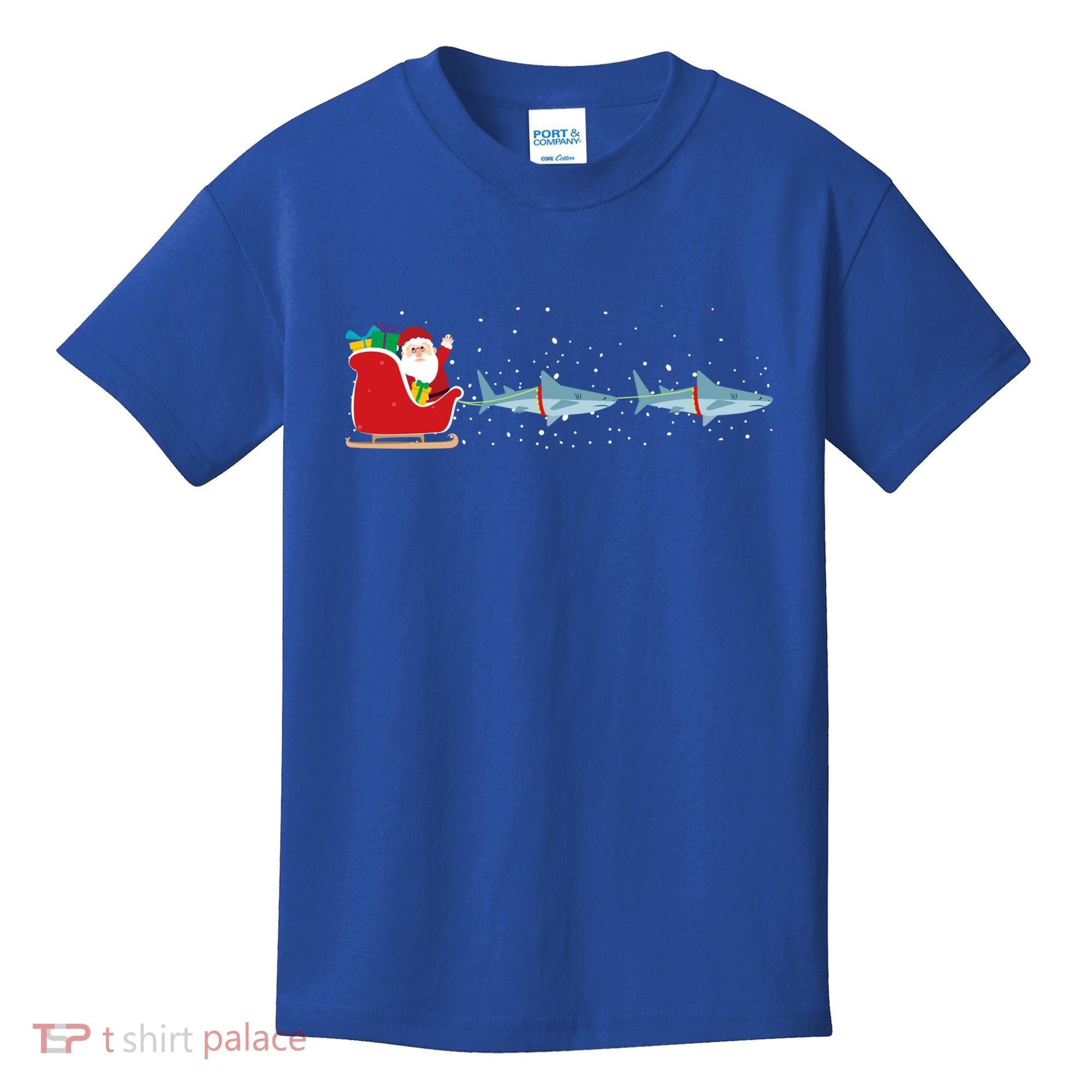 Shark Santa Christmas Sleigh Funny Shark Xmas Gift Kids T-Shirt