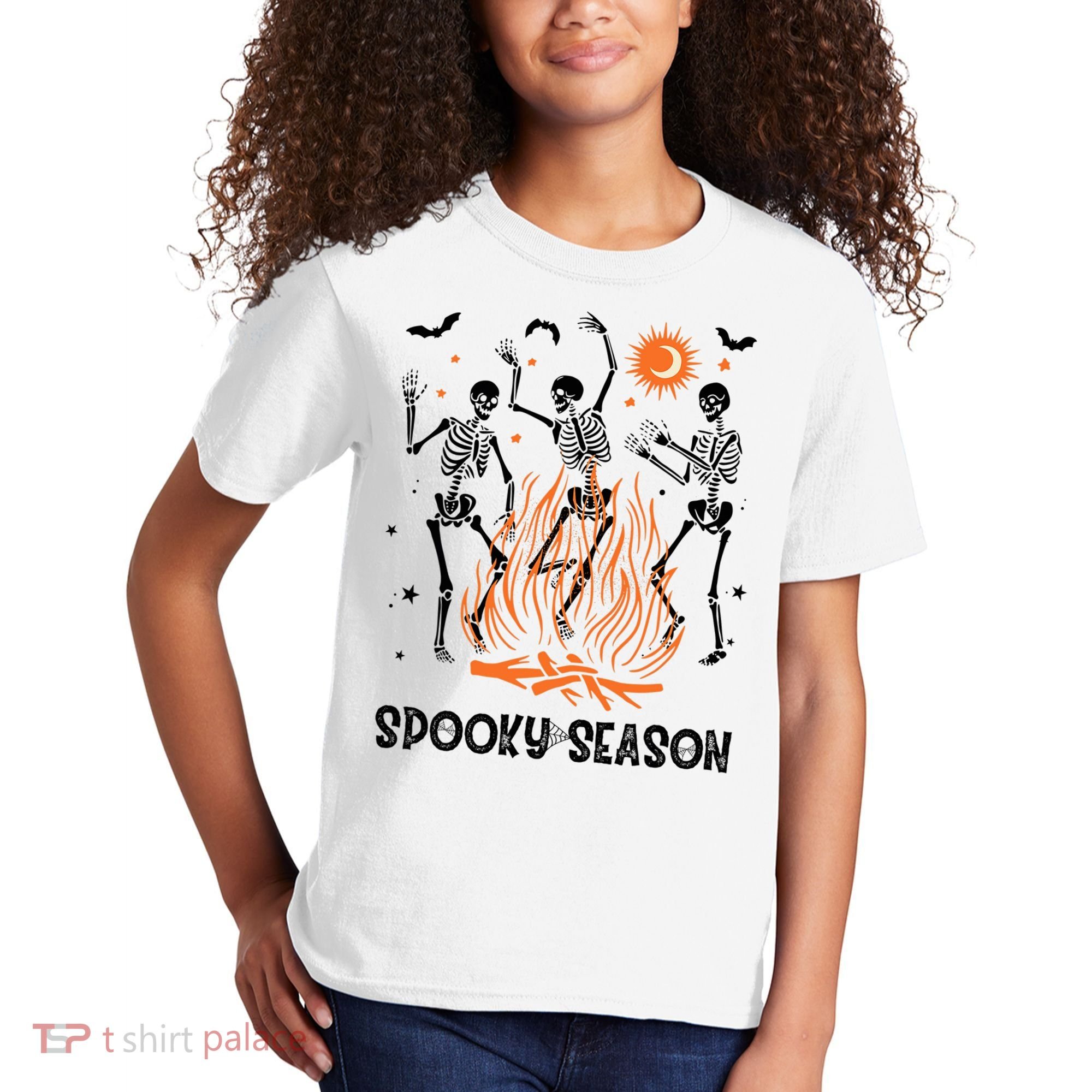 Spooky Season Dancing Skeleton Halloween Costume Funny Cute Kids T-Shirt