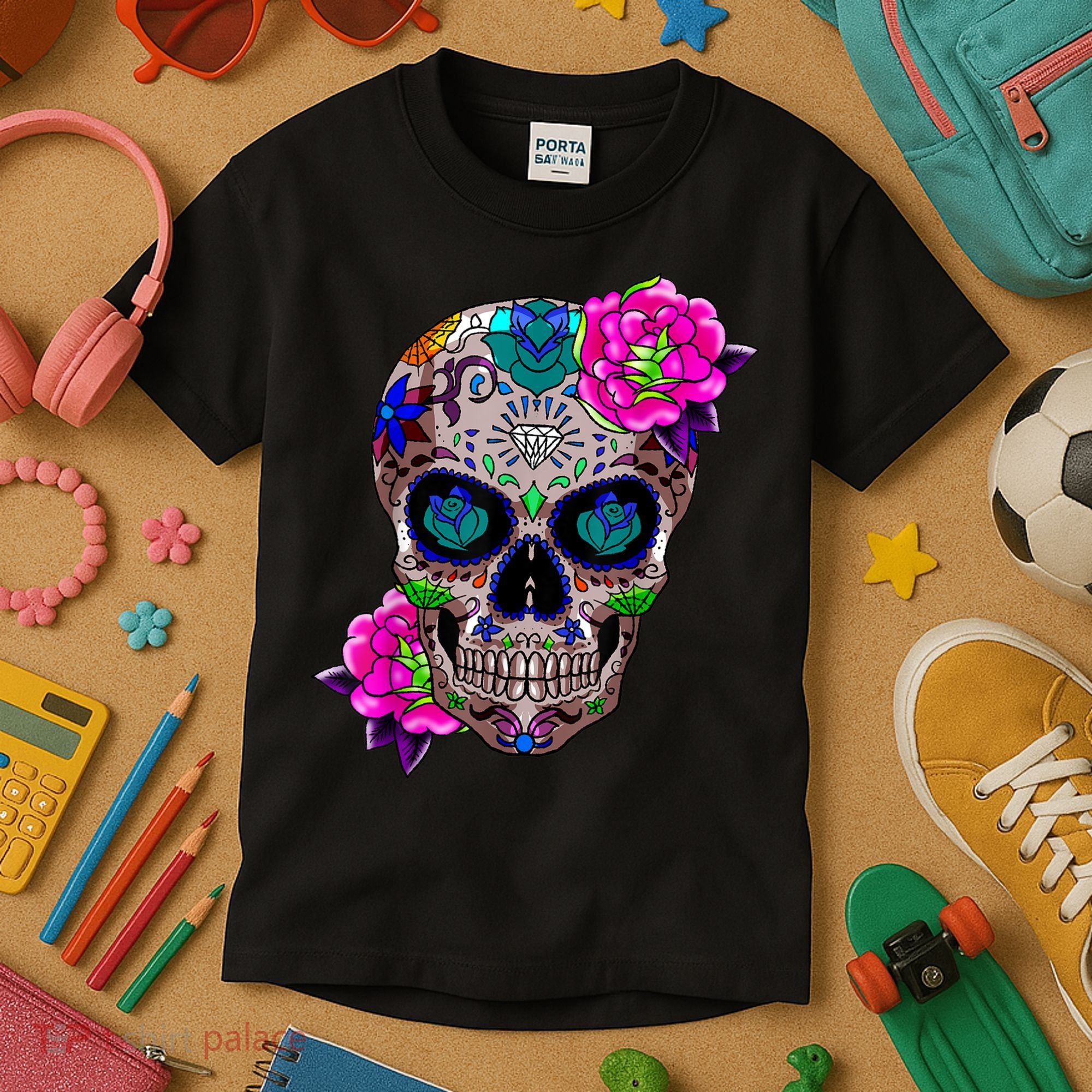 Sugar Skull Day Of The Dead Cool Bone Head Skulls Gift Idea Kids T-Shirt