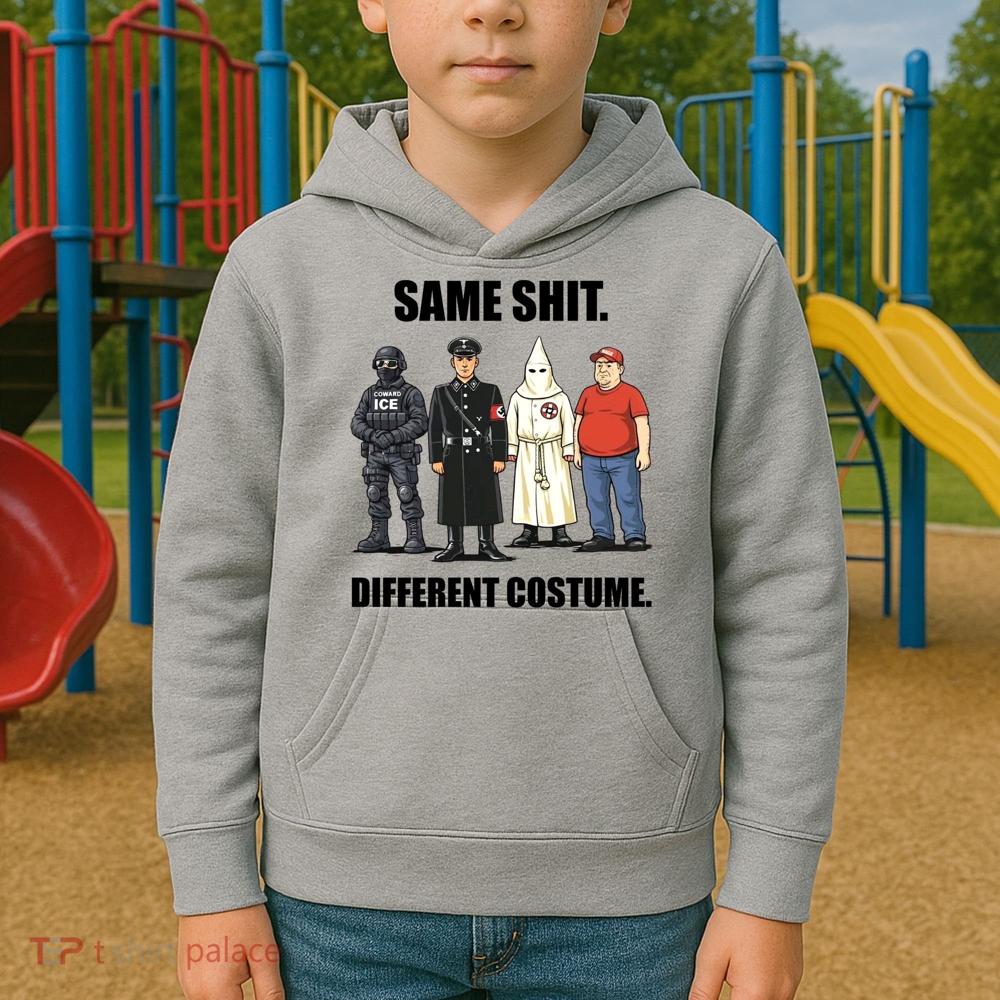 Same Shit Different Costume Anti ICE Kids Hoodie