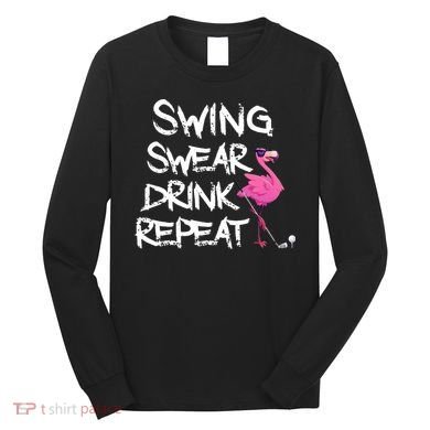 Swing Swear Drink Repeat Flamingo Playing retro Golf Long Sleeve Shirt