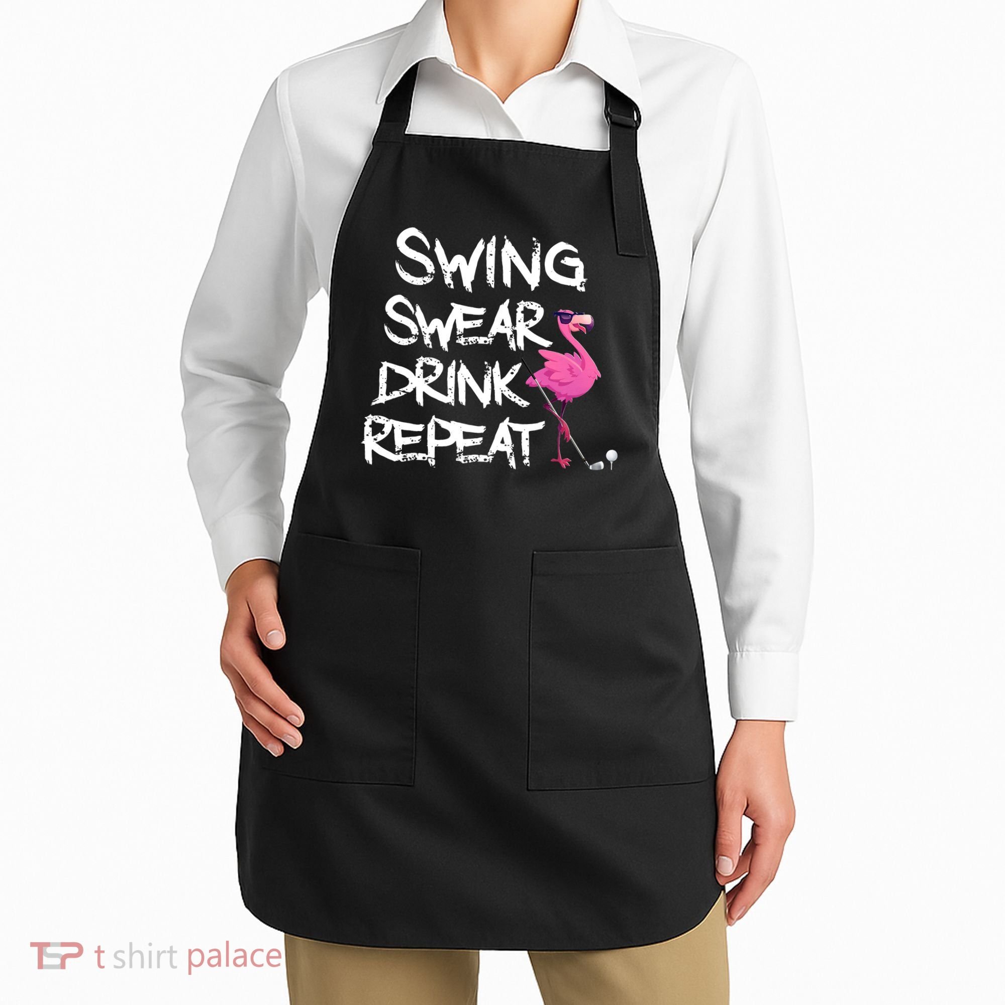 Swing Swear Drink Repeat Flamingo Playing retro Golf Apron