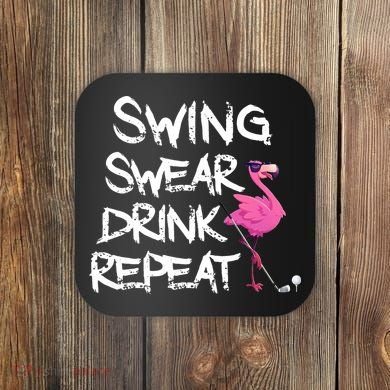 Swing Swear Drink Repeat Flamingo Playing retro Golf Coaster