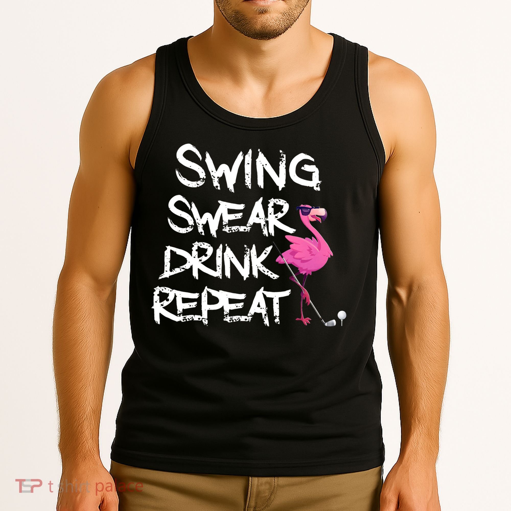 Swing Swear Drink Repeat Flamingo Playing retro Golf Tank Top