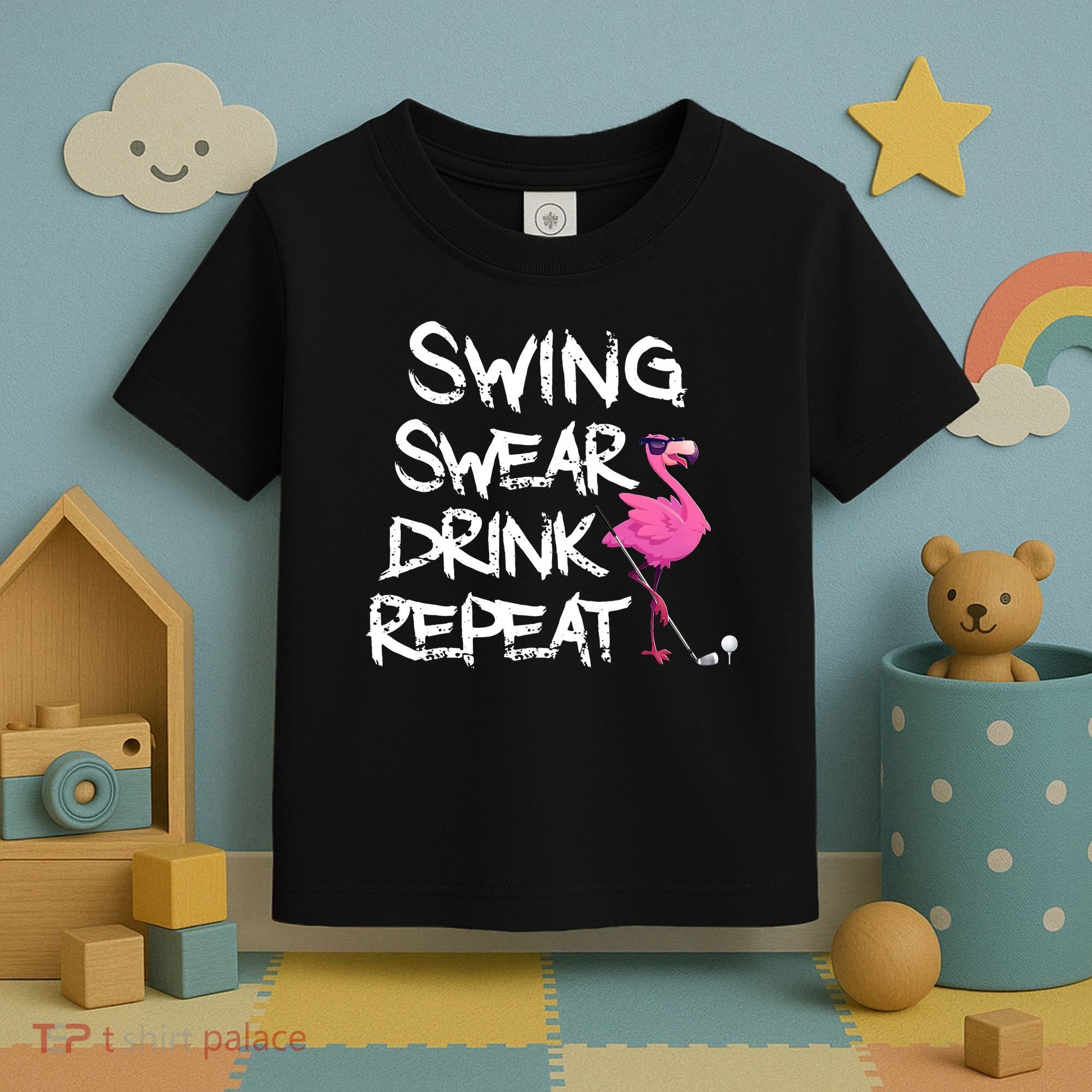 Swing Swear Drink Repeat Flamingo Playing retro Golf Toddler T-Shirt