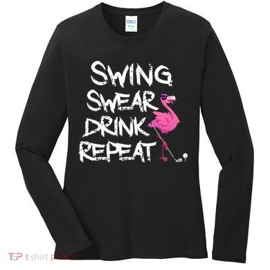 Swing Swear Drink Repeat Flamingo Playing retro Golf Women's Long Sleeve Shirt