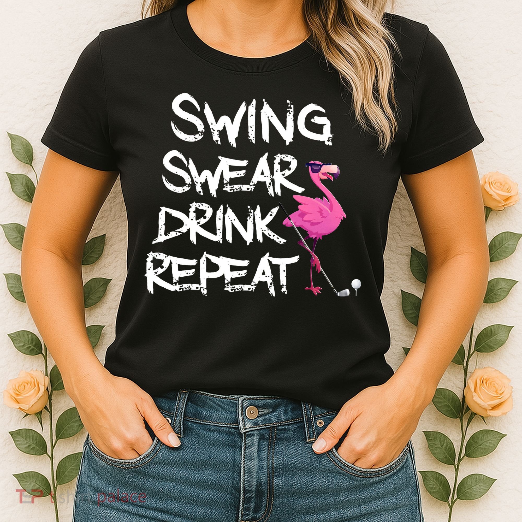 Swing Swear Drink Repeat Flamingo Playing retro Golf Women's T-Shirt