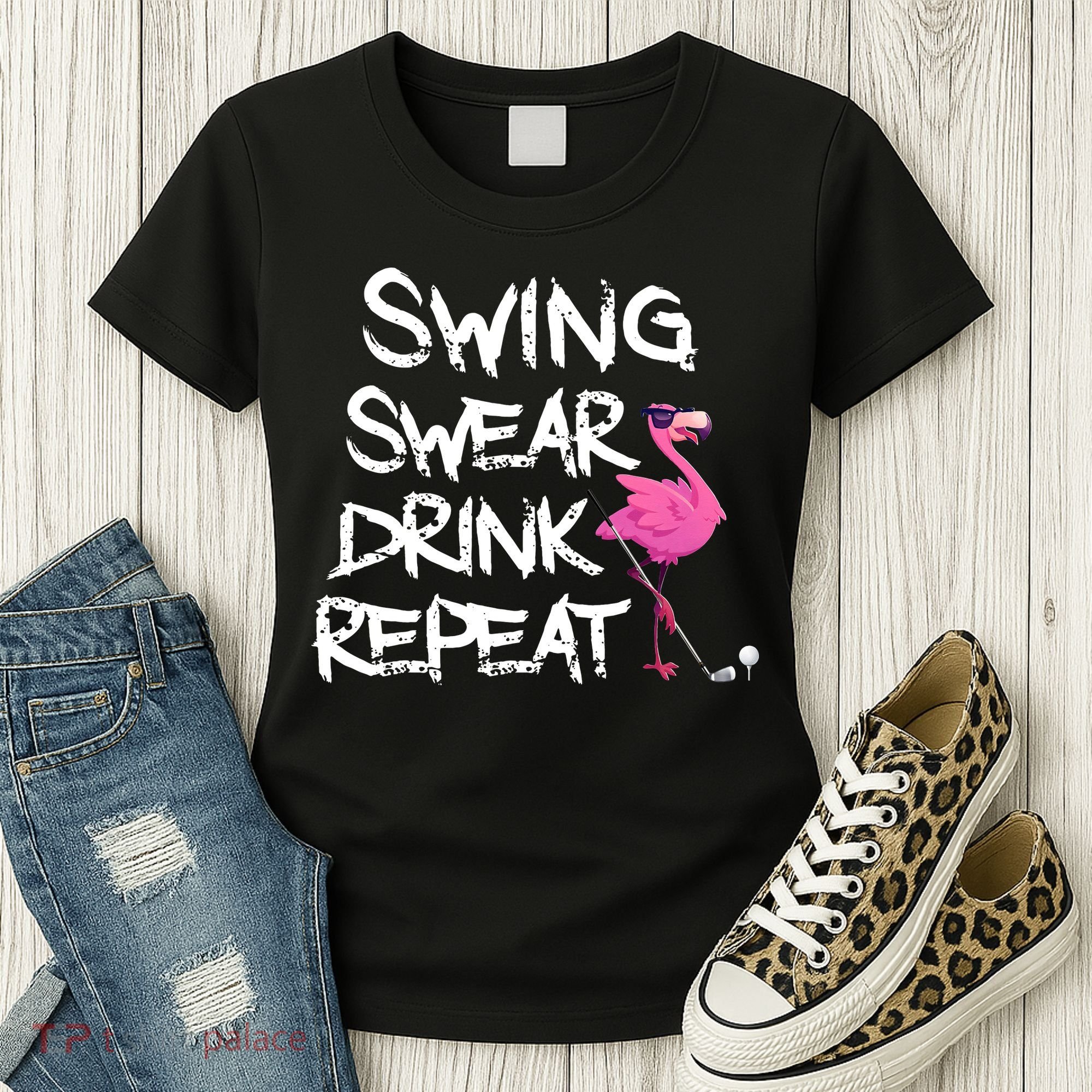Swing Swear Drink Repeat Flamingo Playing retro Golf Women's T-Shirt