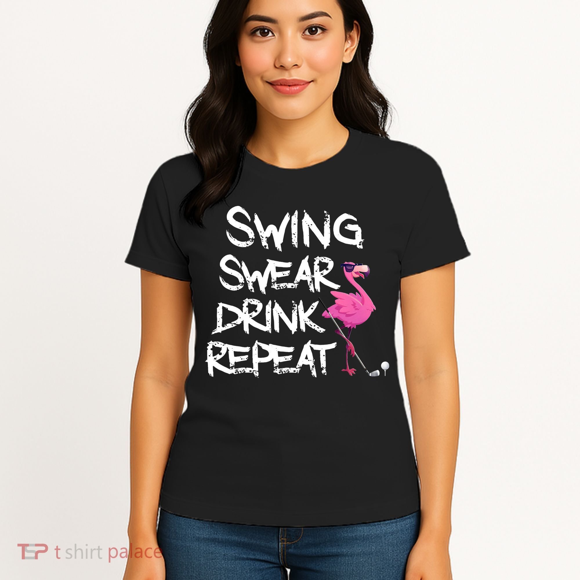 Swing Swear Drink Repeat Flamingo Playing retro Golf Women's T-Shirt