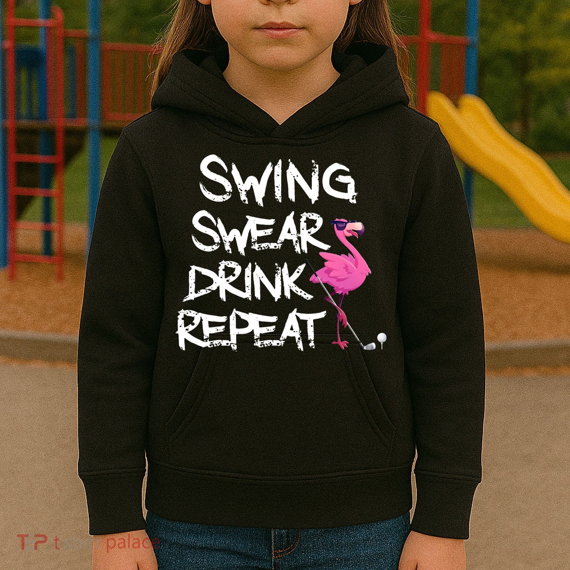 Swing Swear Drink Repeat Flamingo Playing retro Golf Kids Hoodie