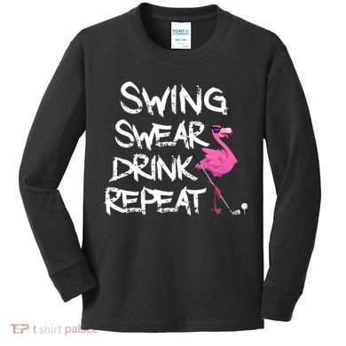 Swing Swear Drink Repeat Flamingo Playing retro Golf Kids Long Sleeve Shirt