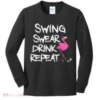 Swing Swear Drink Repeat Flamingo Playing retro Golf Kids Long Sleeve Shirt thumb 0