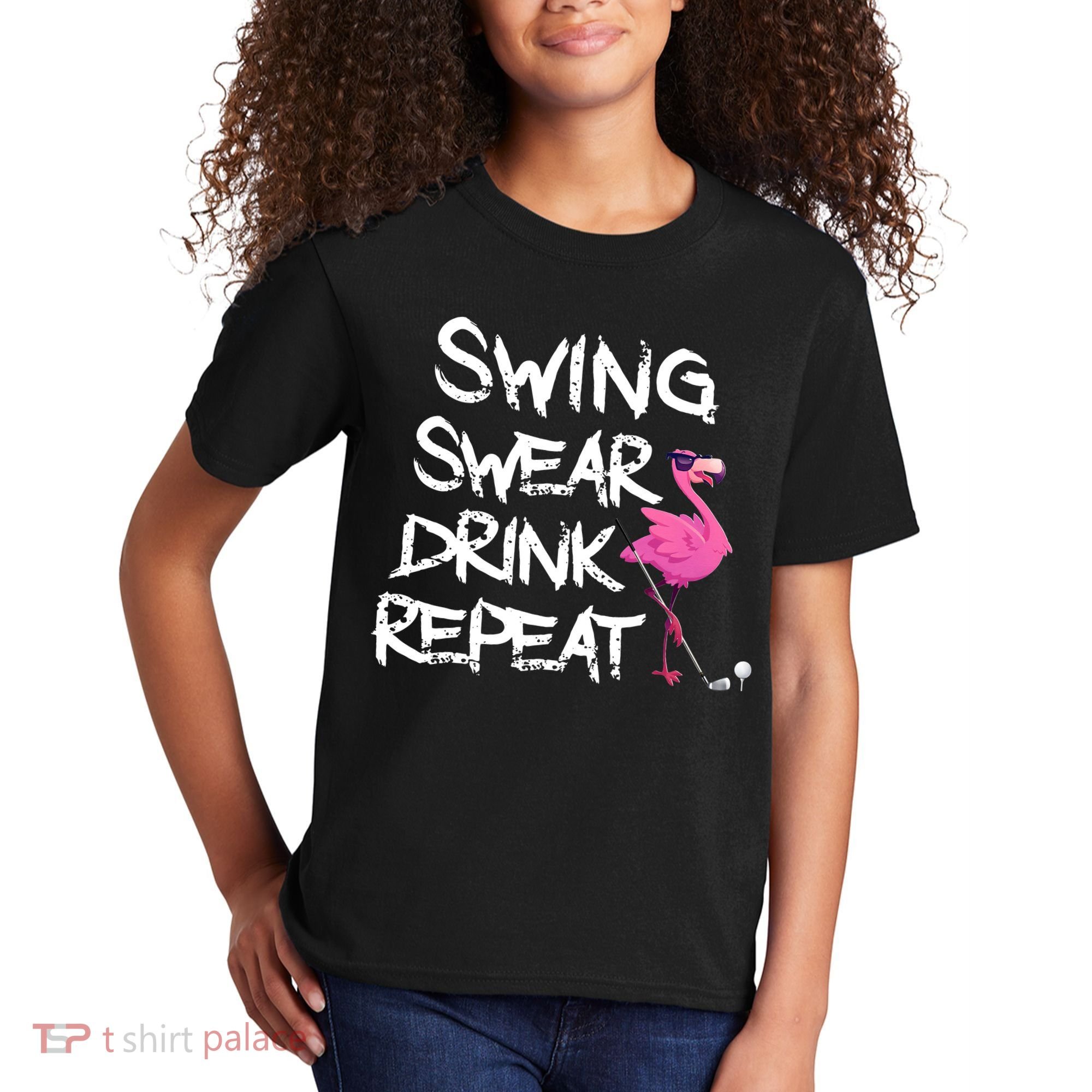 Swing Swear Drink Repeat Flamingo Playing retro Golf Kids T-Shirt